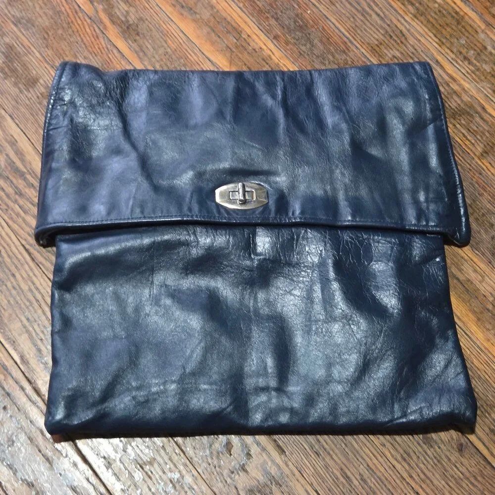 Vintage Genuine Leather Fold-Over Clutch Bag | Navy Blue‎ Turn Lock | 11x10.5